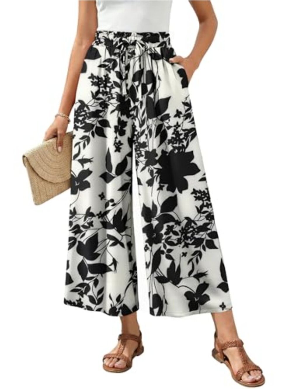 Women's Wide Leg Palazzo Pants High Waist Drawstring Cropped Casual Lounge